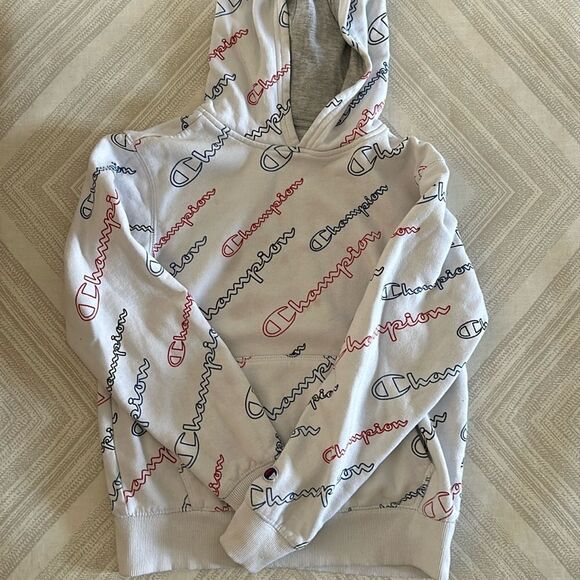 Champion Boys Multicolor Logo White Hooded Sweatshirt - Picture 1 of 9